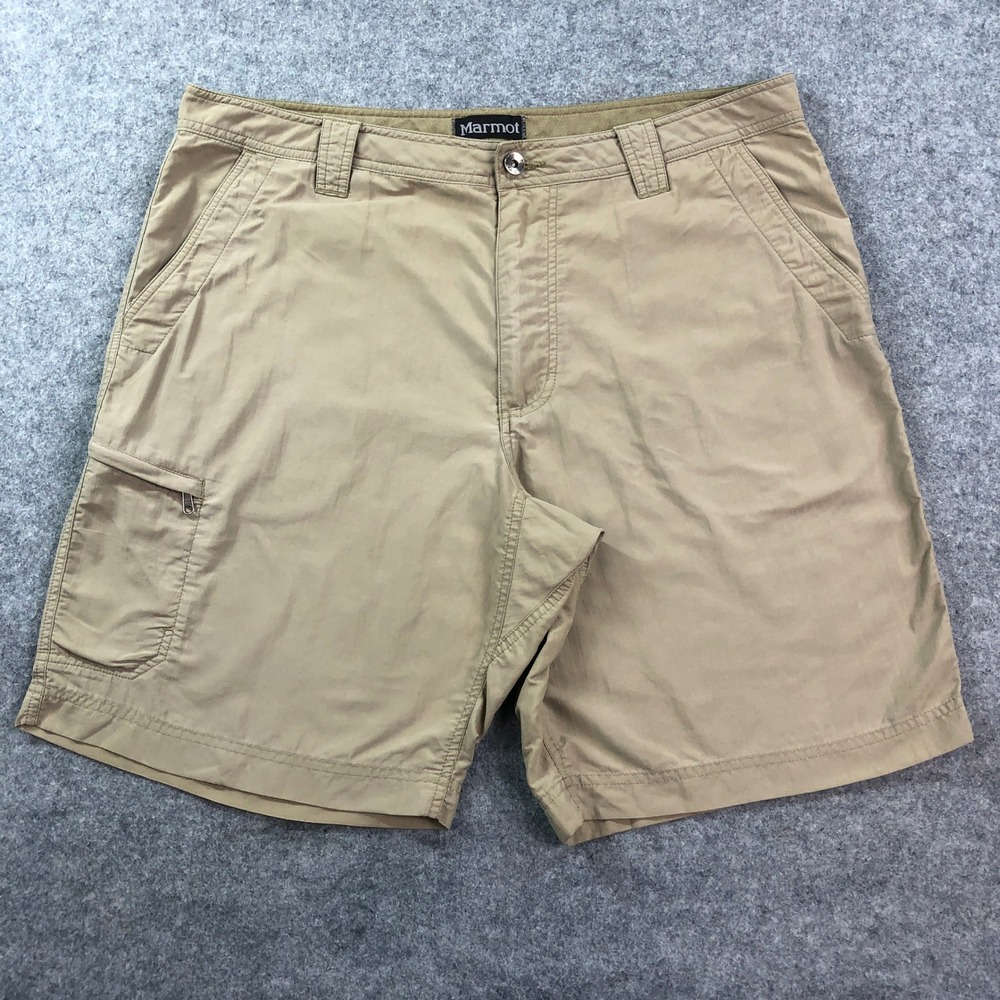 Marmot Mens Cargo Shorts 38 Tan Khaki Recycled Nylon Zipper Pocket Hiking